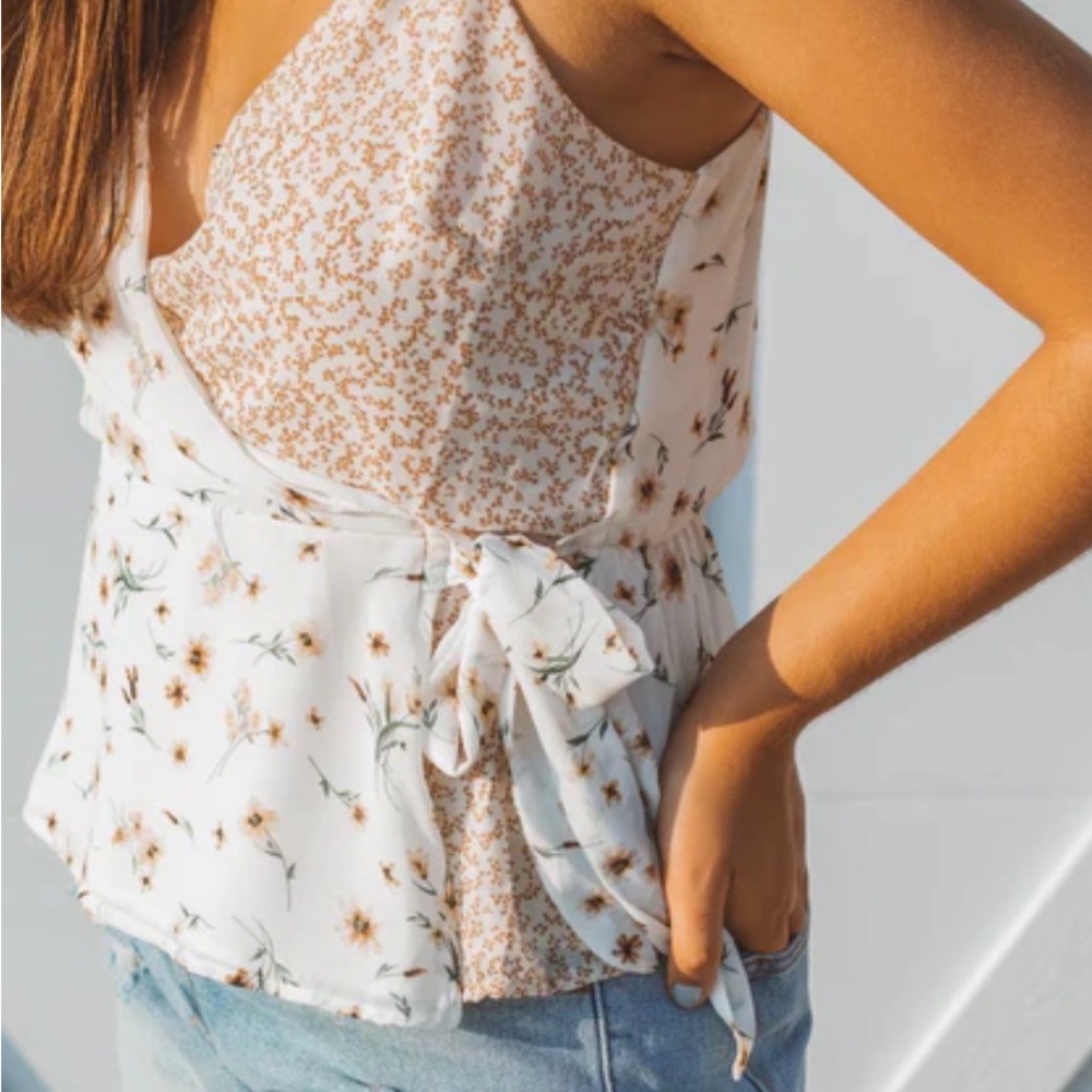 Paper Crane Floral Wrap Tank Top - White and Brown